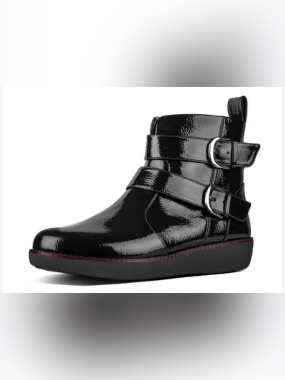 FITFLOP Laila Black Patent Leather Ankle Booties Double Buckle 8.5